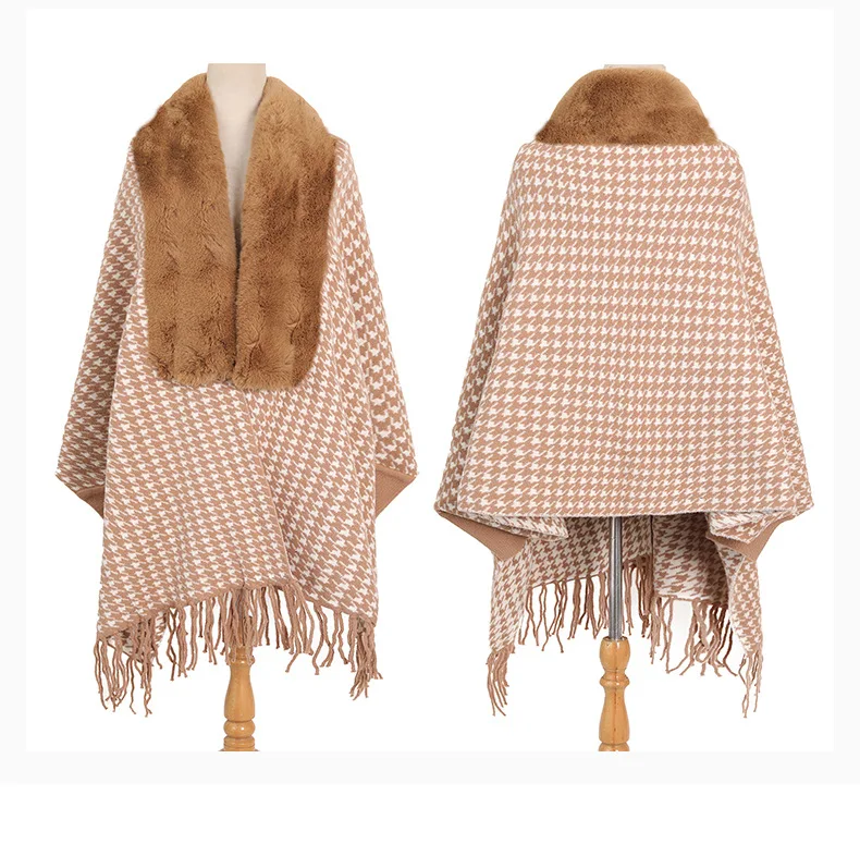 Luxury Winter Wool Collar Imitation Mink Shawl Long-sleeved Tassel Scarf Shawl Knitted Jacquard Cloak