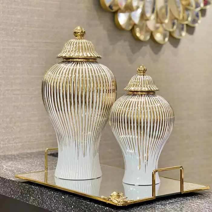 NISEVEN Wholesale Custom White and Gold Striped Home Decorative Large Tall Big Floor Ceramic Ginger Jar Vase With Lid for Flower