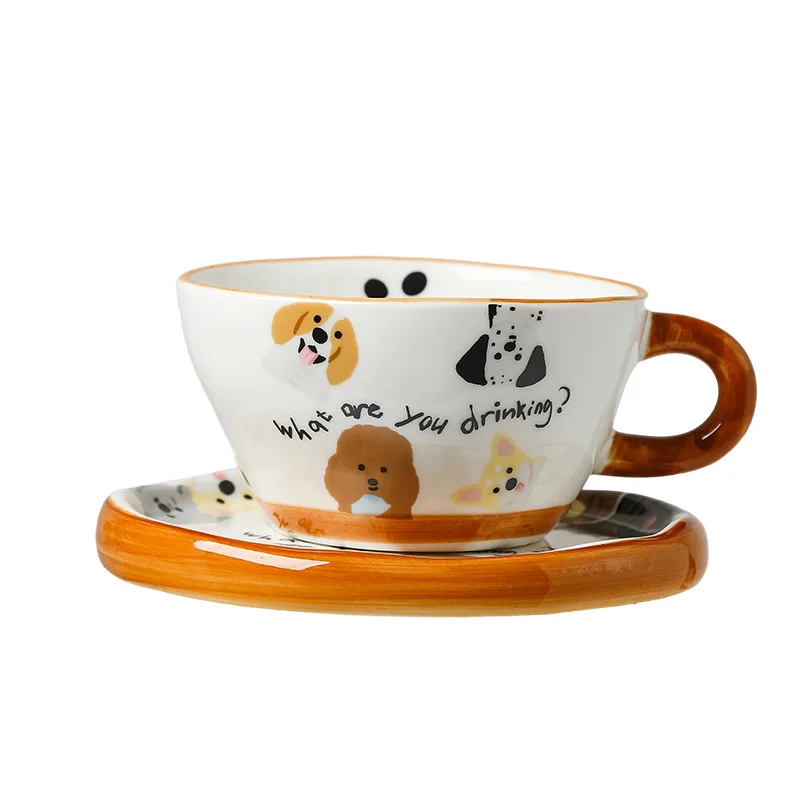 Lelyi ins style home caramel puppy coffee mug creative high-value hand-painted cartoon ceramic cup saucer