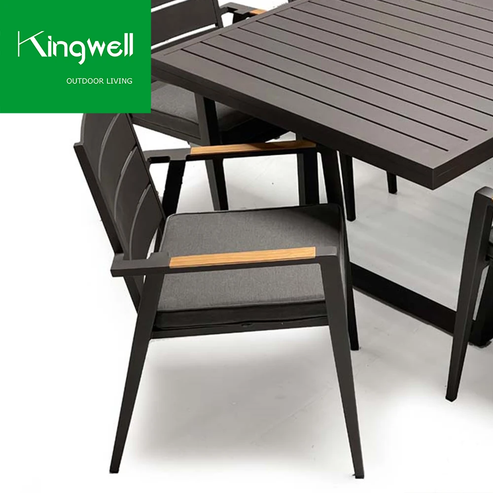 Garden patio furniture balcony waterproof aluminum teak armrest chair dining sets outdoor dinning table and 8 chair set
