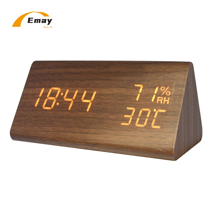 Wooden Triangle Desk Table Top  Bedroom Digital  LED Alarm Clock Sound Control Temperature Humidity Calendar Display USB Charge
