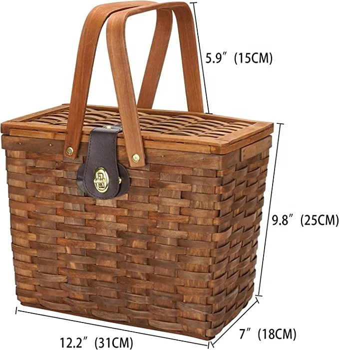 Woodchip Picnic Basket, Natural Handmade Woven Basket with Lid& Double Folding Handles, Wicker Basket & Storage Easter Basket
