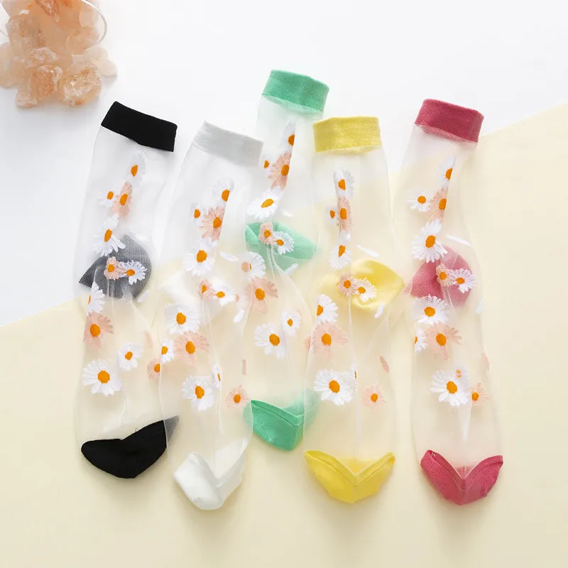 Summer fashion super bright silk japanese small daisy custom sock glass-fiber thin high quality women girls Transparent socks