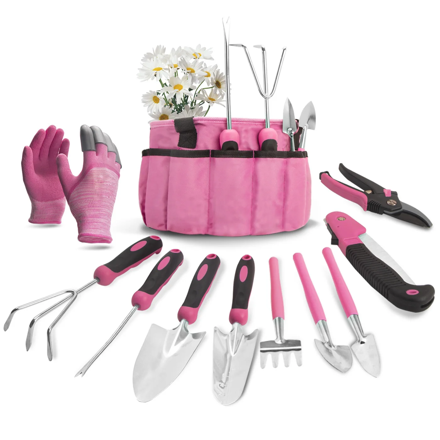 Custom Stainless Steel Heavy Duty Gardening Tool Set waterproof stripe Plants 6 Piece Gardening Tool Set with Carrying Tote Bag
