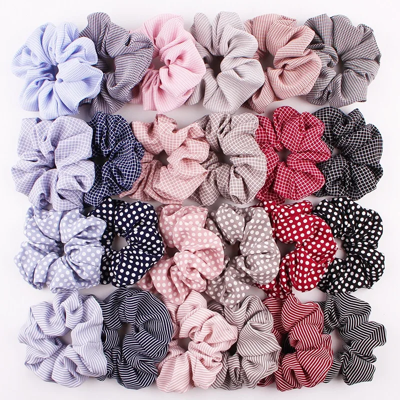 Women French Linen Hair Scrunchie Tag Cotton Hair Ties Red Pink Plaid Scrunchies