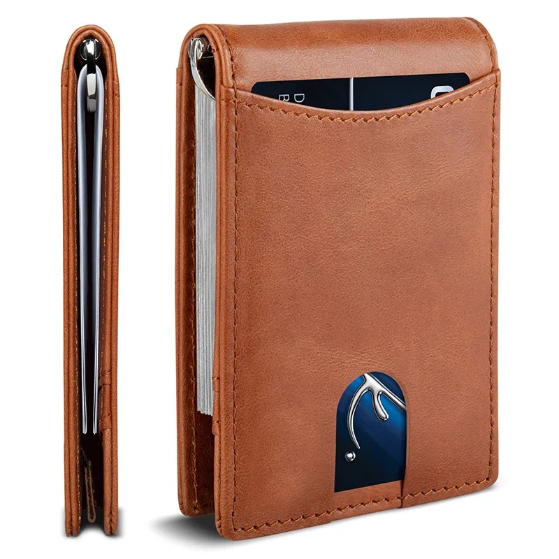New Hot Sales Leather Wallet Credit Card Holder RFID Blocking Ultrathin Bifold Mans Wallet With Metal Money Clip