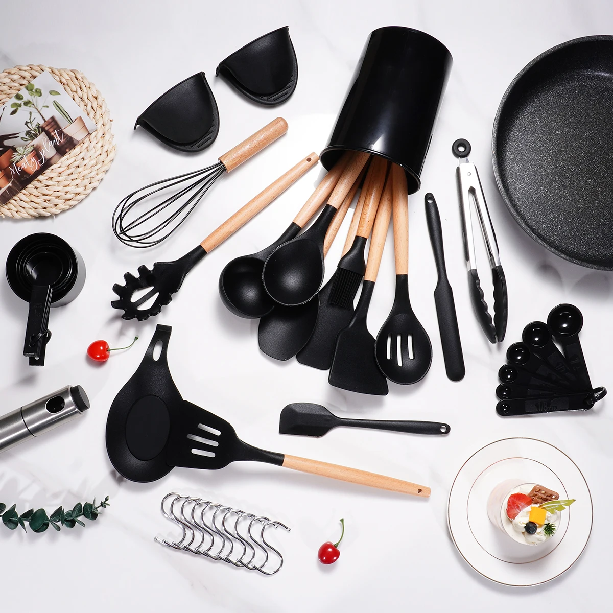 38 Pcs Wholesale Kitchen Accessories Cooking Tools Kitchenware Wooden Handle Non-Stick Silicone Kitchen Utensil Set