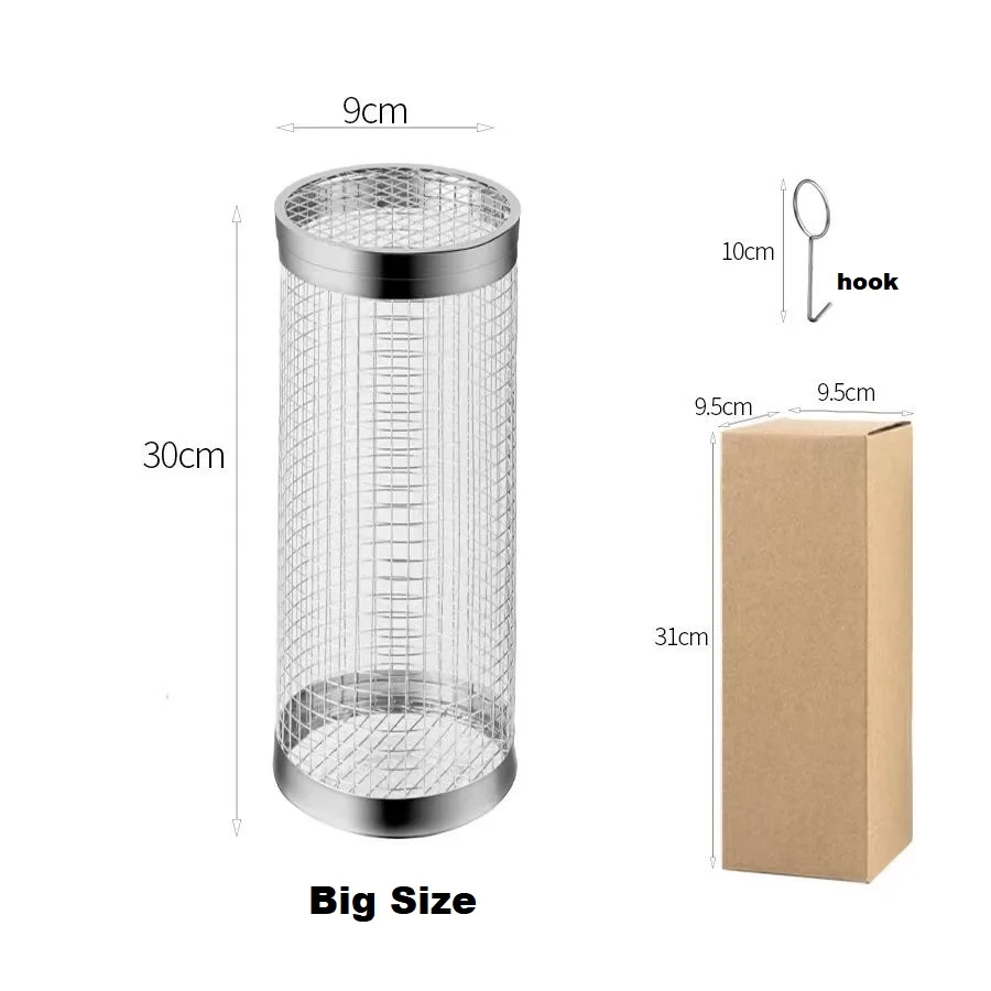 Round Stainless Steel Metal Net Tube Bbq Barbecue Basket Cylinder Rolling Grilling Basket