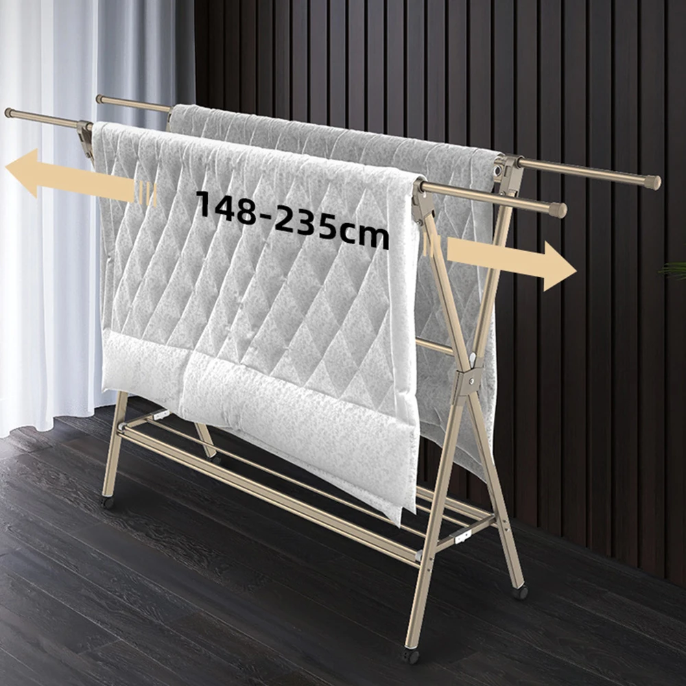 Double Rail Adjustable Rolling Garment Rack With Bottom Shelf and Wheels Dry Clothes Rack Display Rack