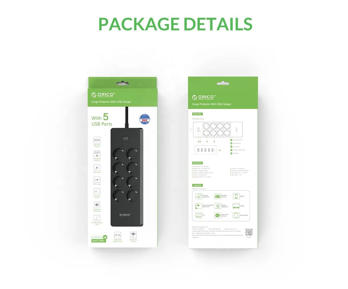 240V 8 AC EU Socket Extension Outlet Power Strip with 5 USB Charging Port HPC-8A5U-V1-EU