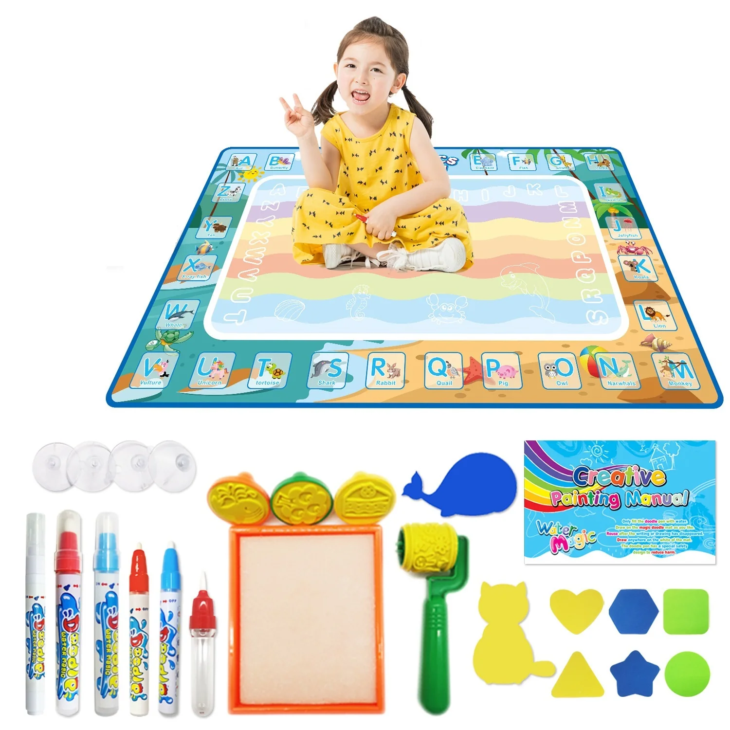 Large 120*80 Educational Water Doodle Mat Kids Magic Water Drawing Blanket Gift for 2-4 Years Box Packed Painting Toy