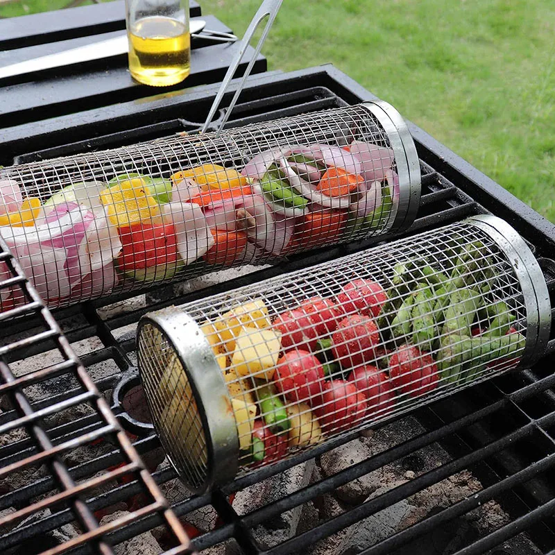 2023 New Stainless Steel 304 BBQ Rolling Grill Basket Wire Mesh Net Tube 12 inch Greatest Grilling Basket Ever