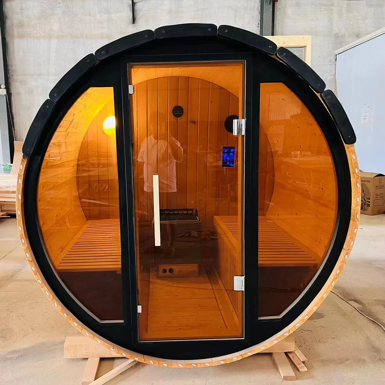 Classic Barrel Sauna with Modern Upgrades 3-Person, Hemlock, Electric Furnace, Affordable Pricing