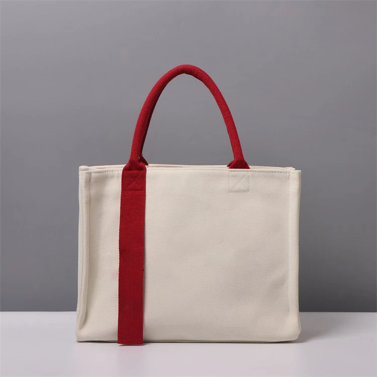 Heavy Duty Long Ribbon Thick Cotton Large Tote Bag Canvas Bags Plain Customized Canvas Bag With Zipper And Inner Pocket