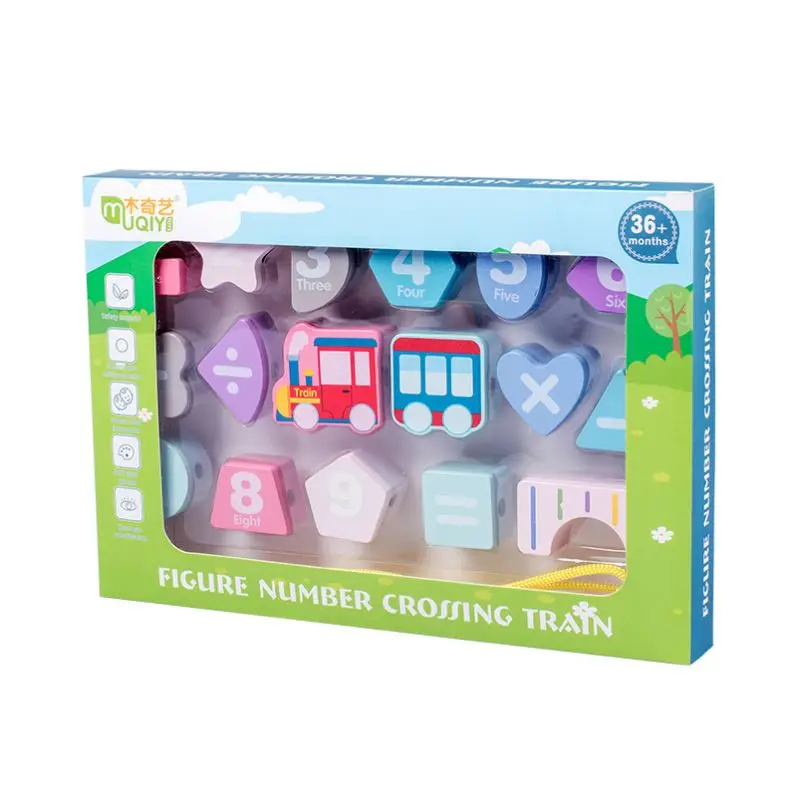 New Design Wooden Learning Baby Toys Colorful Number Stringing Threading Train Digital Beading Math Montessori
