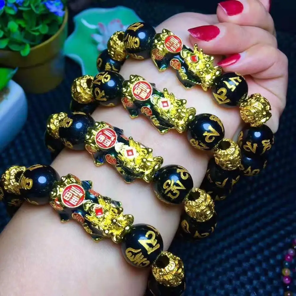 
Black Agate Six Word Mantra Buddha Beads Bracelet Gold-plated Change Colour Pixiu Religious Bracelet 
