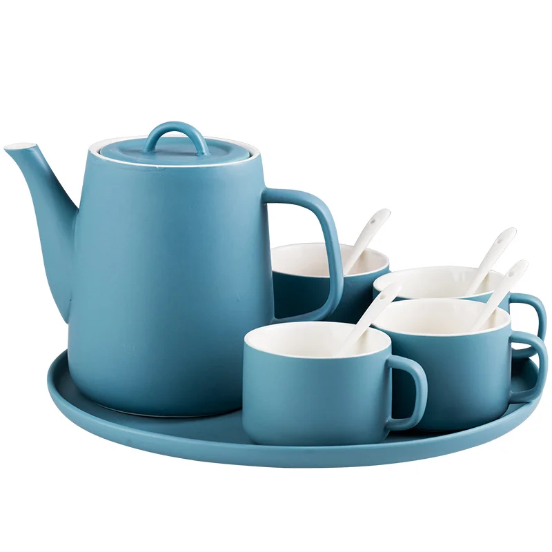 Wholesale elegant design teaware matte blue porcelain coffee tea set for restaurant