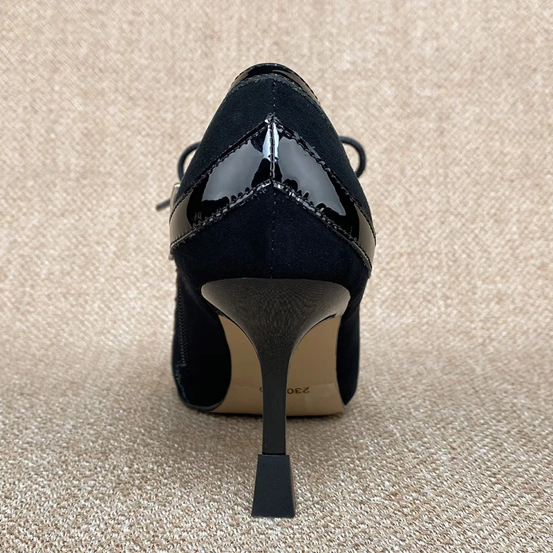 Factory Universe P024 Ladies Pumps Genuine Leather Square Heel Lace-up Kid Suede Pointed Toe Women High Heel Dress Shoes