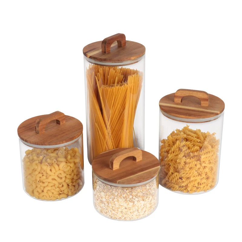 wholesale custom large clear food storage spice glass jar set kitchen airtight glass canister with bamboo wooden lid for kitchen