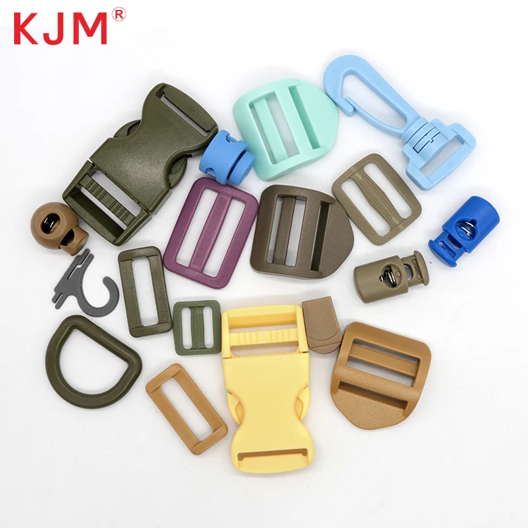 KJM Buckle Manufacturer Free Sample 1 Inch Black Pom Recycled Plastic Side Release Buckle Adjustable Tri-glide Slide and D Ring