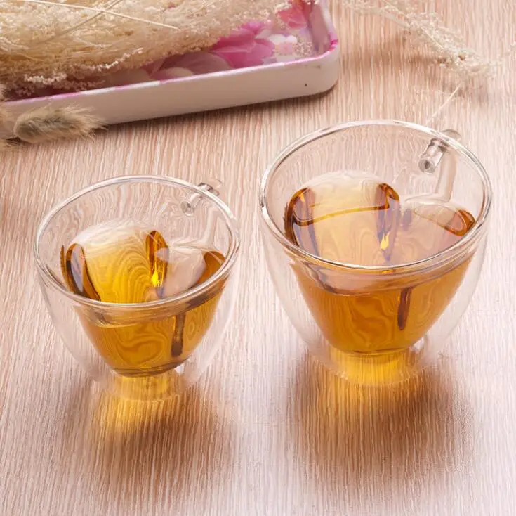 
O351 180ml/240ml Love Double Wall Resistant Tea Beer Glasses Couple Cups Lemon Juice Cup Heart Shaped Glass Mug 