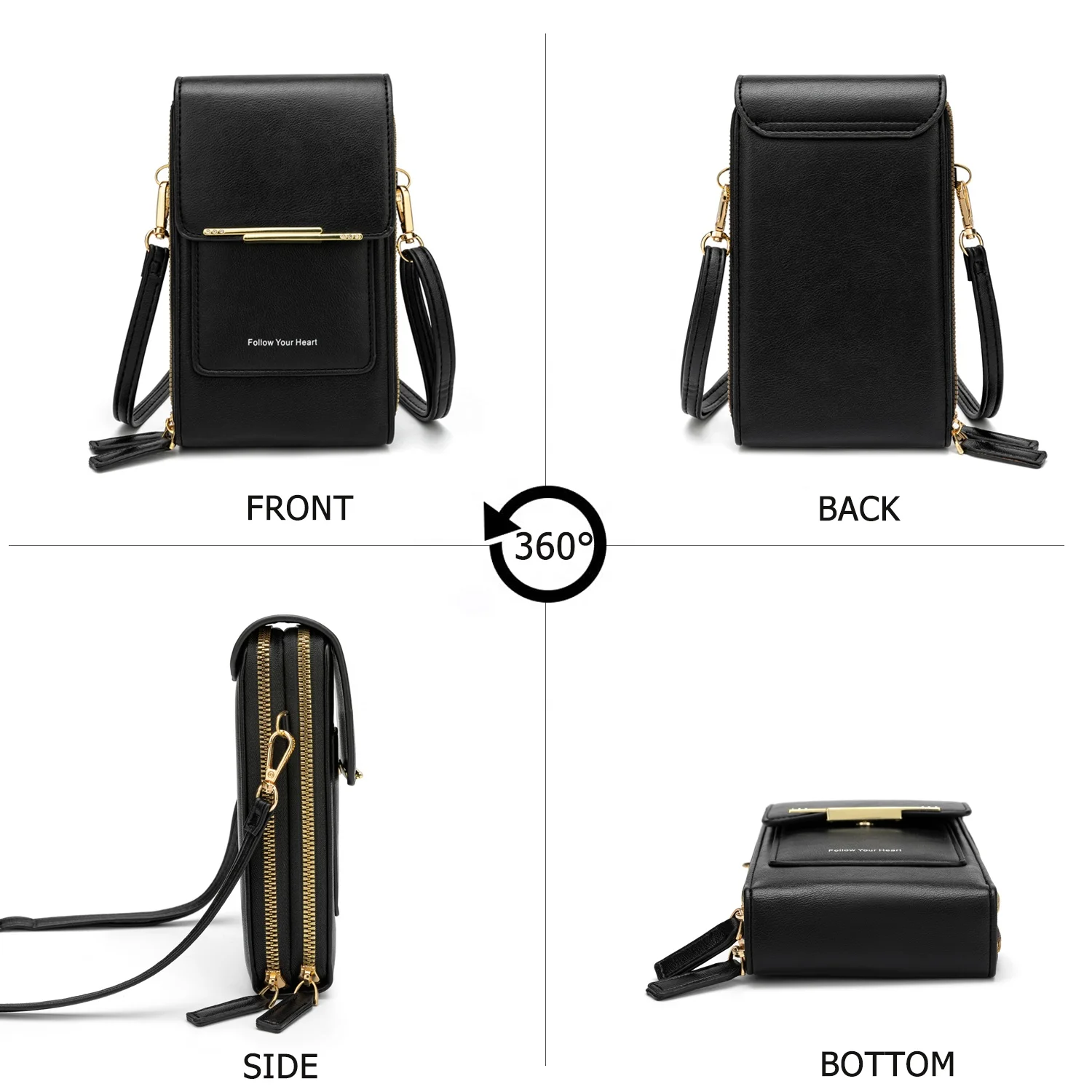 Solid Color Soft Pu Leather Double Layer Large Capacity Shoulder Messenger Phone Detachable Buckle Wallet Women Luxury Famous