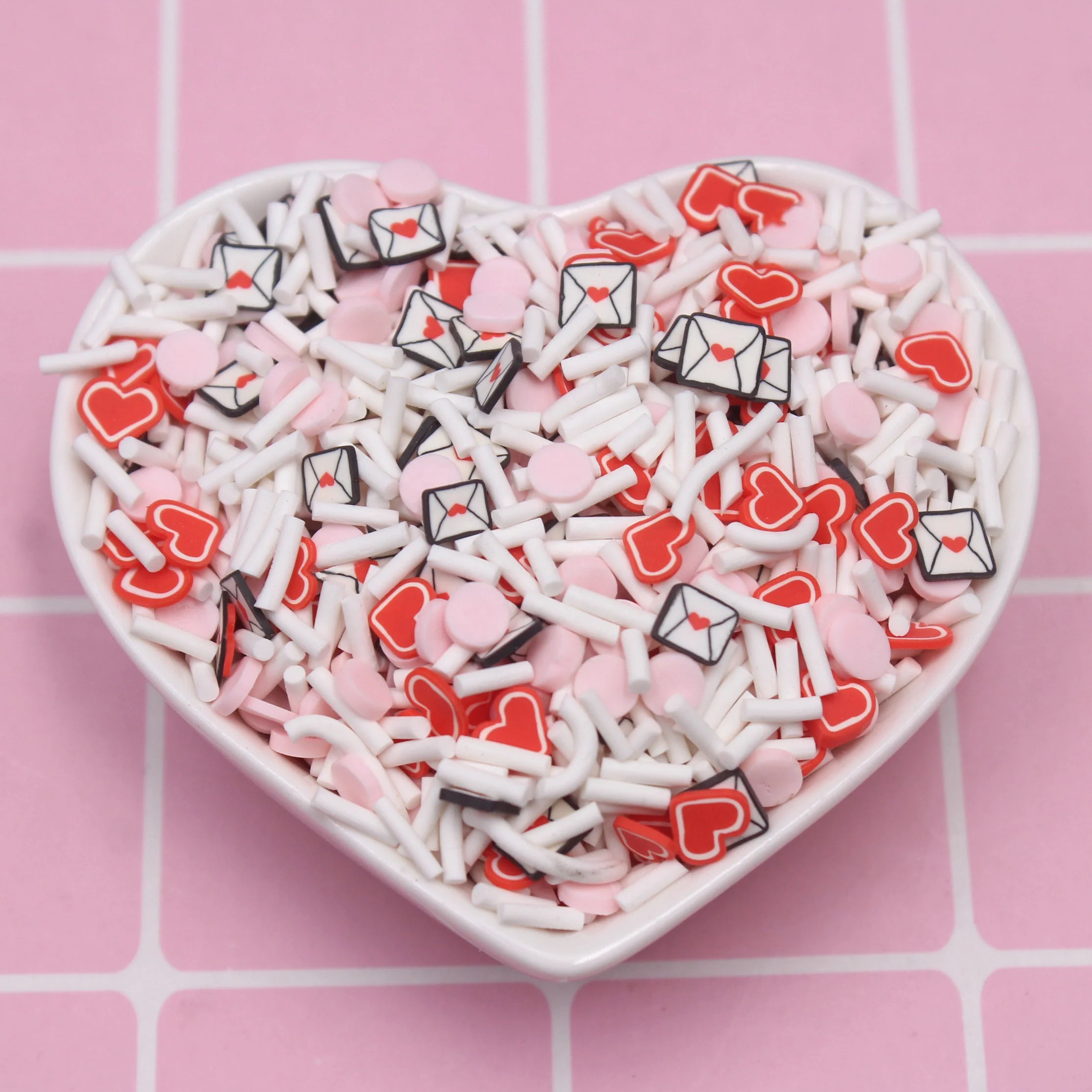 1KG Valentines Themed Clay Slice Red Heart Love Envelope Faux Candy Round Sprinkles Tumbler Shaker Filler