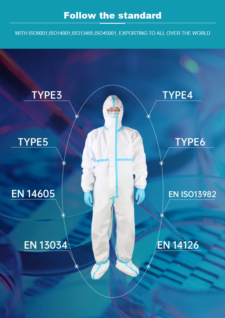  Комбинезон Hazmat-костюм нетканый микропористый Тип 5/6 Одноразовые Ce медицинской защитной одежды класс II 3 слоя из нетканого материала pp + pe