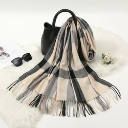 Зима 2022, модная шаль из пашмины с кисточками, женские шерстяные шарфы, плотный кашемировый шарф с принтом в клетку