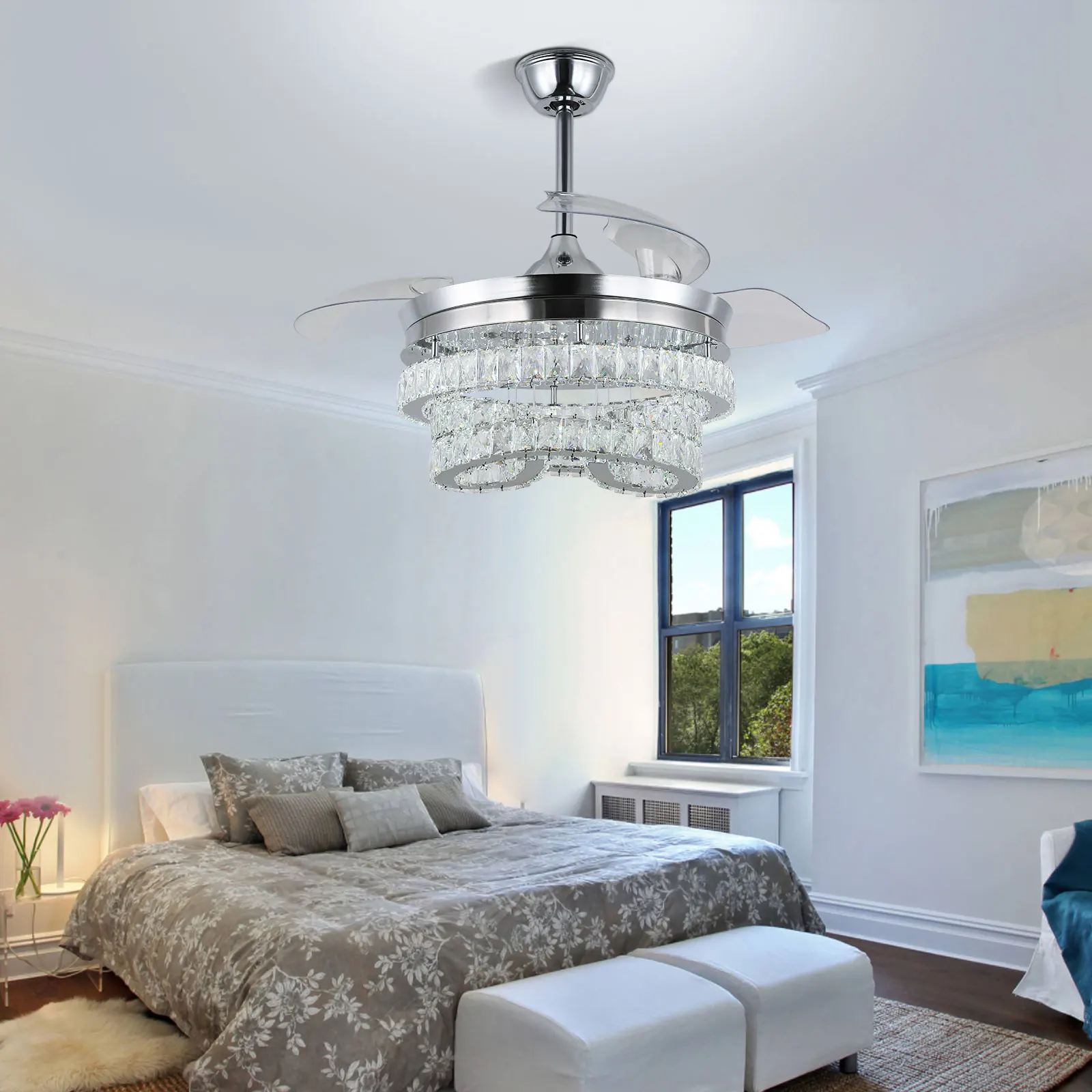 42-Inch Modern Smart LED Ceiling Fan with Transparent Blade Dimmable Light and Remote Control with Memory Function for Home Use