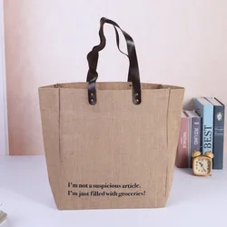 Custom Printed LOGO Eco Reusable Large Shopping Tote High Quality Burlap Jute Bag With Leather Handles