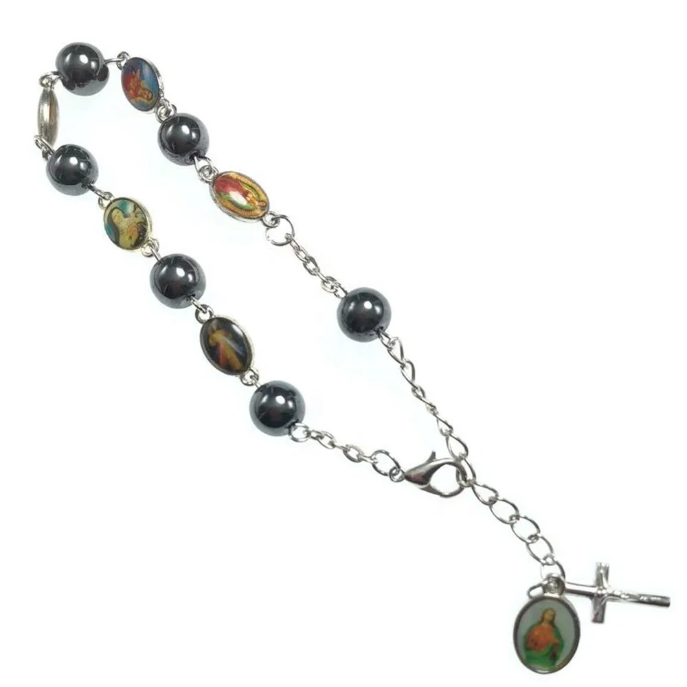 exquisite zinc alloy metal beads religious oval connector hematite bead rosary bracelet catholic icon bracelets