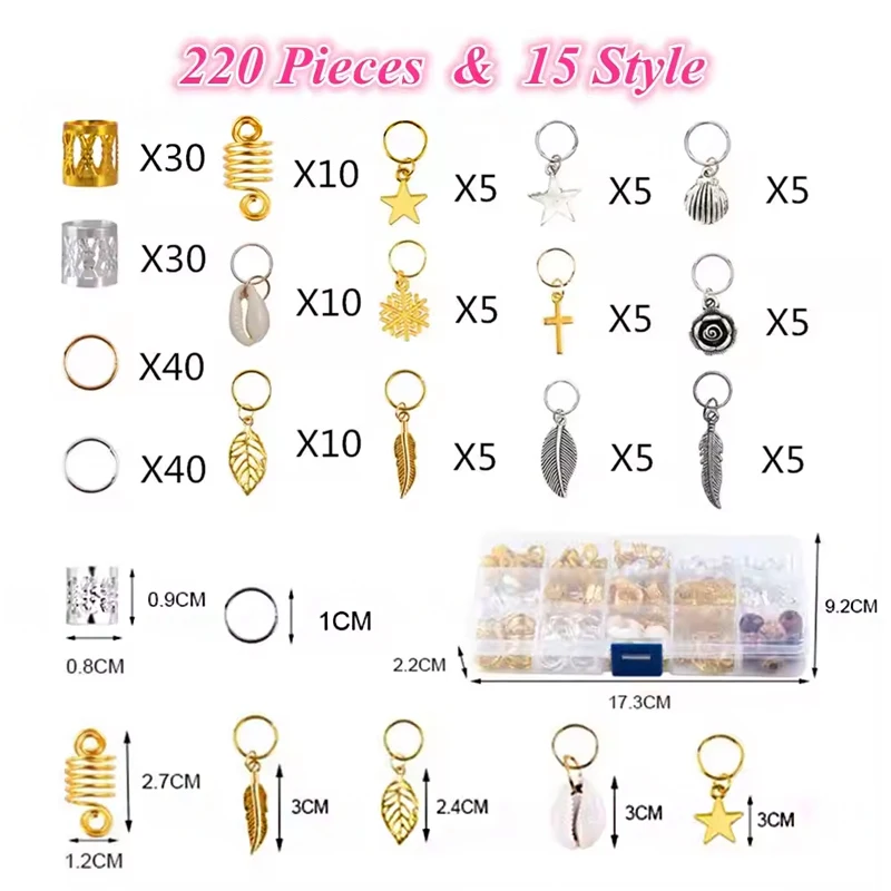220 Pieces Hair Accessories Loc Hair Jewelry for Women Braids Dreadlock Beads Metal Hair Clips Decoration golden