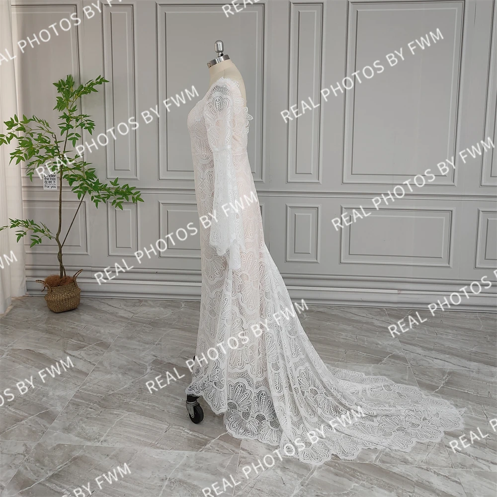 100% Real Photos High Quality Boho Flare Sleeves Lace Wedding Dress For Bride Woman Open Back Bridal Gown With Train Custom Made
