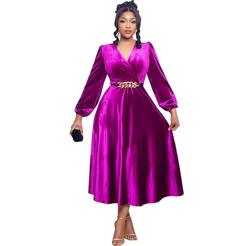 2023 Velvet Elegant Formal Party Dresses For Women Fashion Female V Neck Long Sleeve Vintage Solid Mid Dress Come With Belt