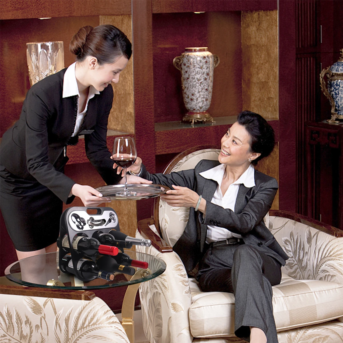 Collapsible display wine rack Adjustable plastic wine rack holder with bottle opener Wine plug aluminum foil cutter