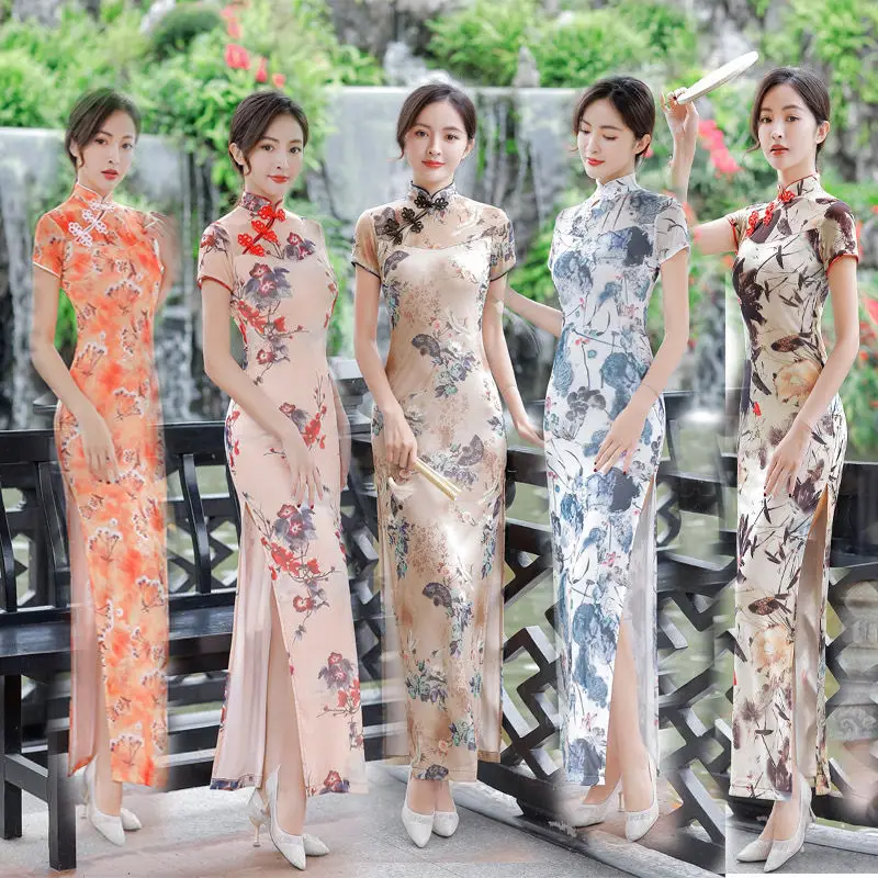 Fashion flower printing women casual cheongsam medium style ladies large size vintage dress on sale