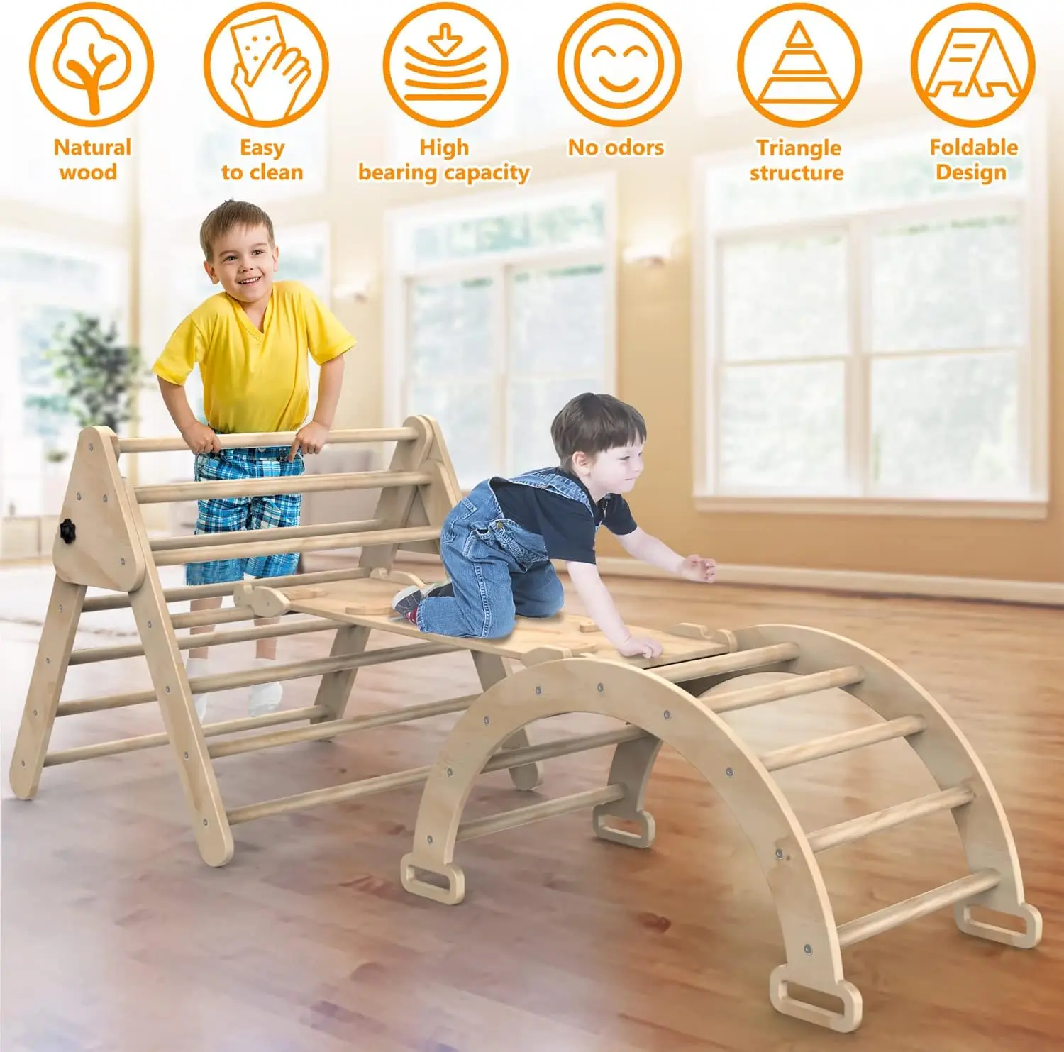 Set of 3 Wooden Safety Sturdy Kids Play Gym Foldable Climbing Triangle Ladder Toys with Ramp for Sliding or Climbing