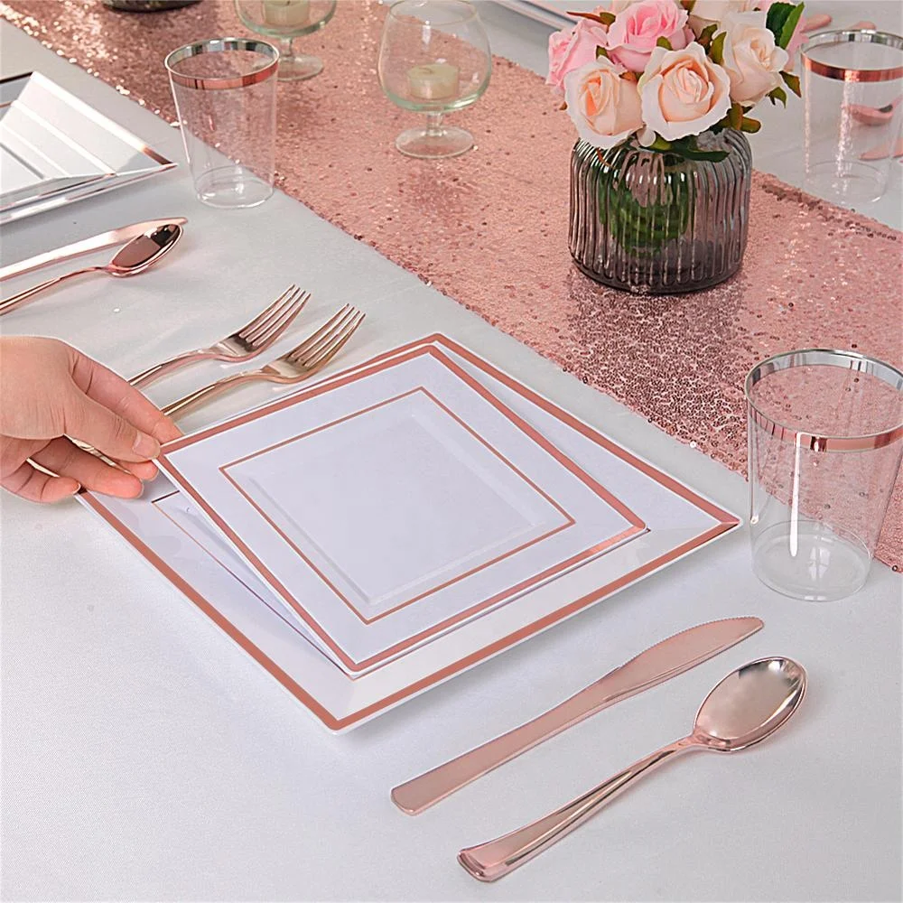 100pcs Gold Rim Premium Disposable Plastic  Square Plate