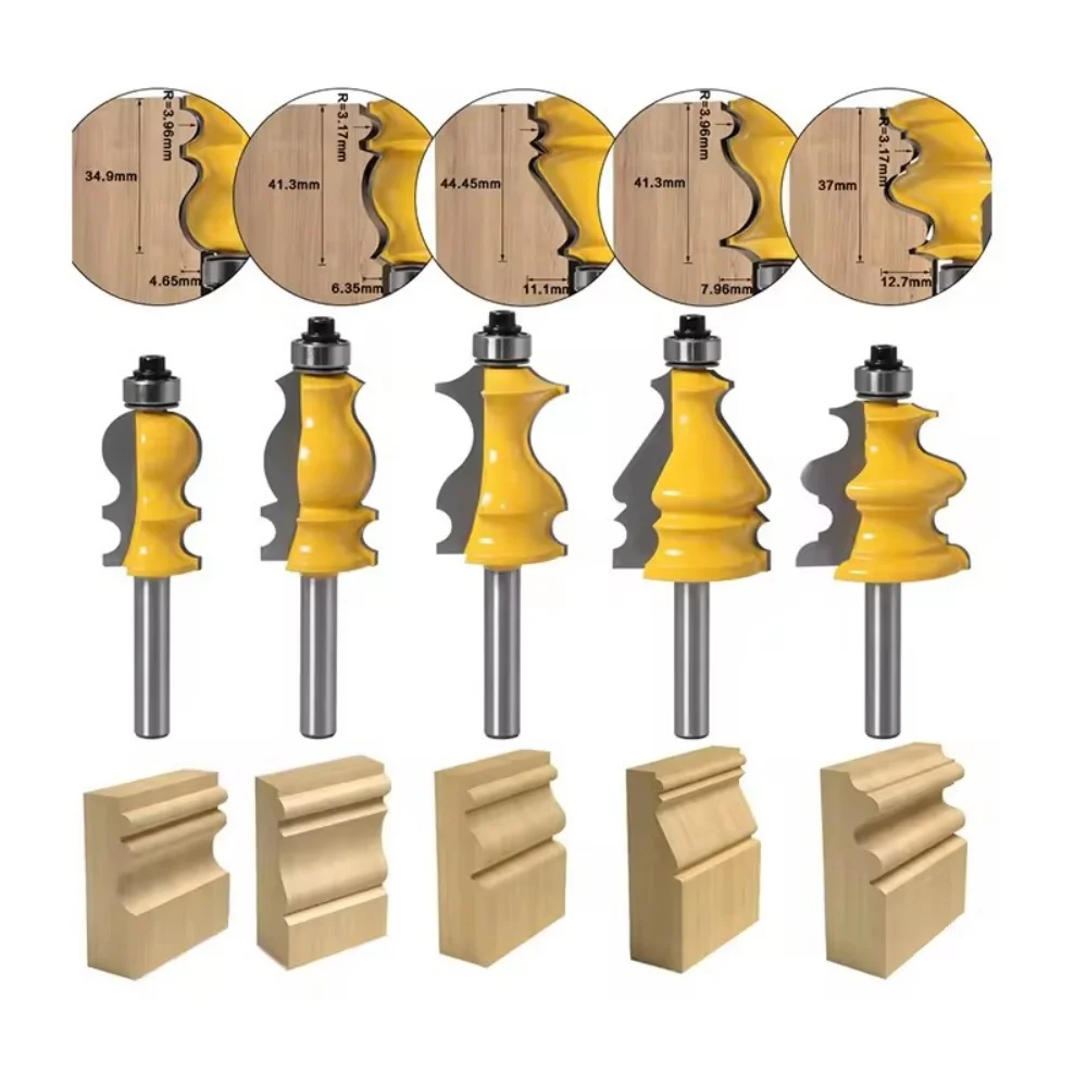 5 Bit Base Wood Frame Molding big Router Bit 8mm Shank CNC cutter Tenon Cutter for Woodworking