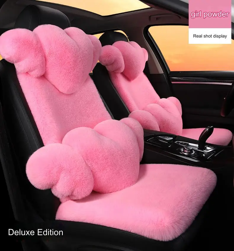 Women Interior Accessory Winter Full Set Waist Cushion Headrest Pillow Short Plush Velvet Fur Fluffy Heart Shape Car Seat Cover