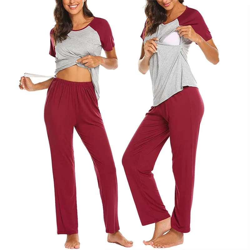 
Pregnant mothers patchwork color short sleeve round collar breastfeeding T-shirt top with adjustable pants home pajamas set 