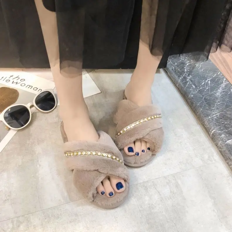 Wholesale Rhinestone Cross Belt Solid Color Furry Slippers Female Fashion Non-Slip Wear-Resistant Open-Toed Home Slippers