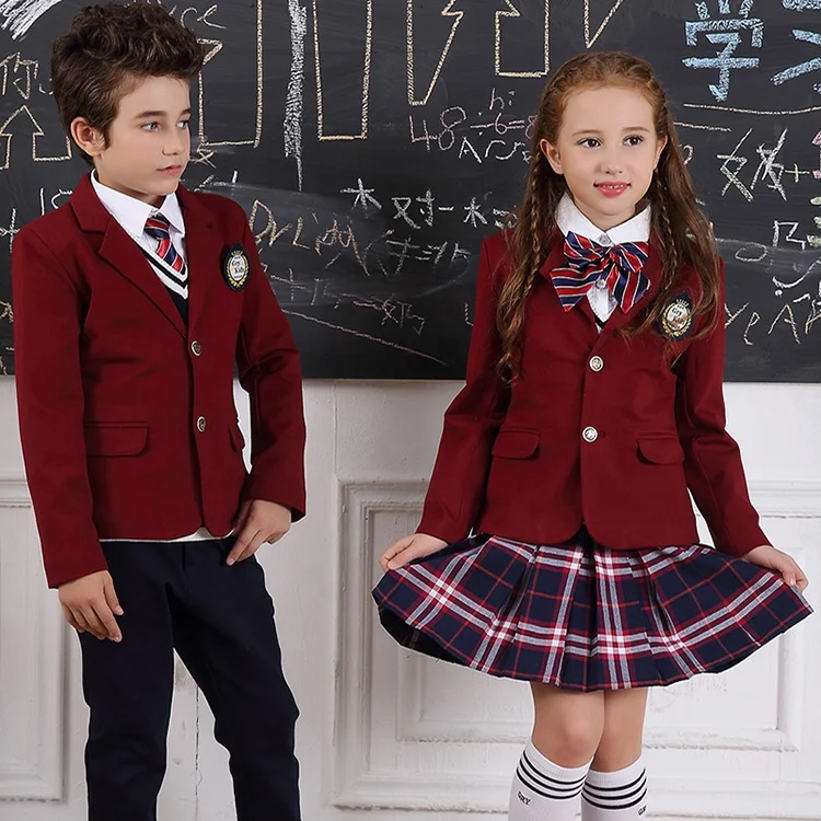 Factory Wholesale  Primary and Kindergarten Boys and Girls School Uniform Burgundy Blazer Set