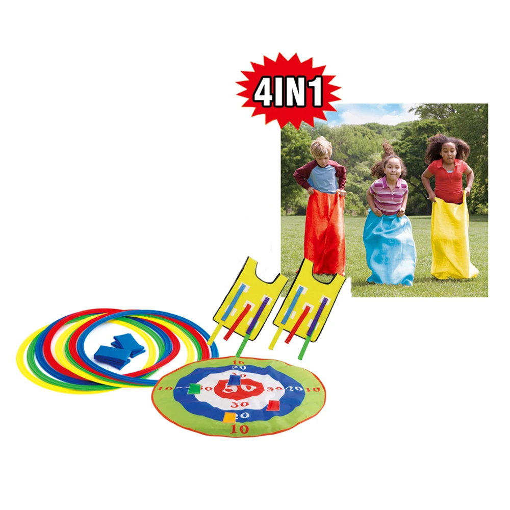 Kids 4 in 1 outdoor activity classic game kangaroo jumping sports toy potato sack race bags set with bean bags and vests