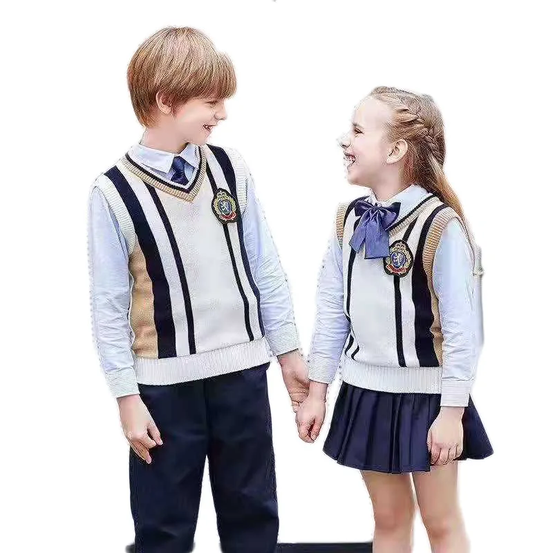 100 set custom Kids Sweater+girls pleated skirts/boys pants  kid school cardigan wholesale adult school uniforms for high school
