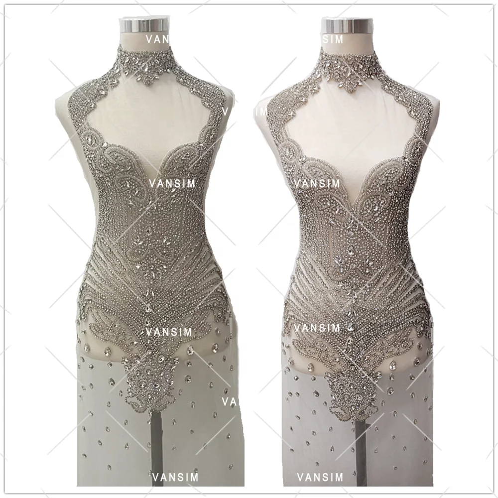 Silver red gold black white beautiful fashion crystal embroidered wedding dress rhinestone bodice dress appliques