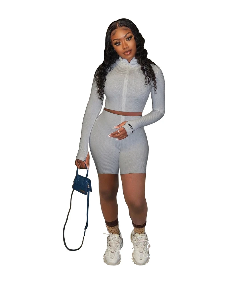 EB-20022028  Wholesale Girls Sexy Biker Two Piece Shorts Set Solid Women Joggers Suits lucky label two piece set