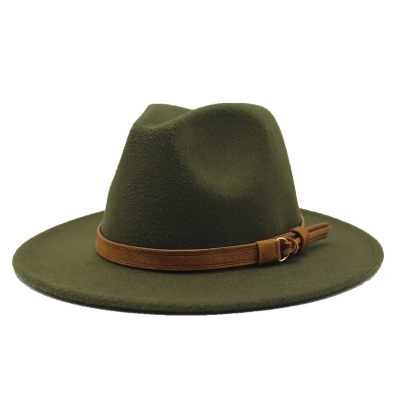 
2021 Hot Sale New Fashion Solid Color Belt Decoration Jazz Panama Hat Men And Women Woolen Top Fedora Hats 