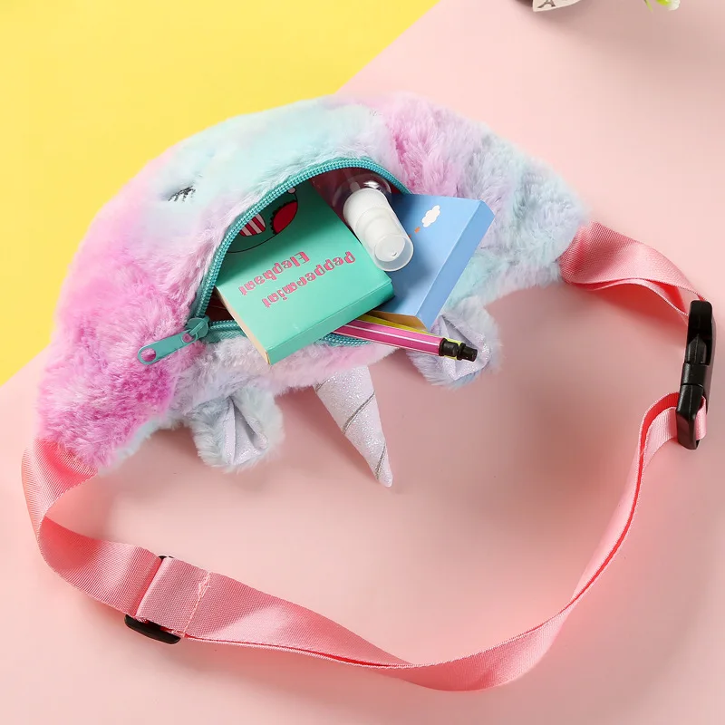 2022 Newest Cartoon Unicorn Plush Waist Bag Girls Soft Cartoon Bags For Children